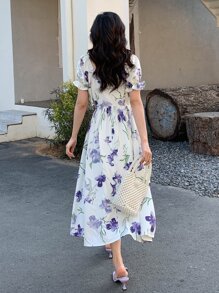 DAZY 印花泡泡袖前繫帶連衣裙 - 彩色 - 查看 2