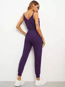 SHEIN LUNE Button Front Slant Pocket Cami Jumpsuit - Purple - View 2