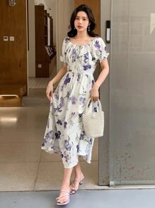 DAZY 印花泡泡袖前繫帶連衣裙 - 彩色 - 查看 3