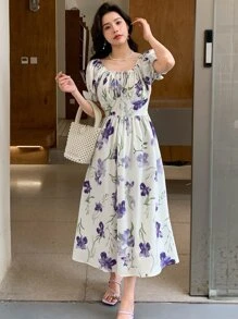 DAZY 印花泡泡袖前繫帶連衣裙 - 彩色 - 查看 4