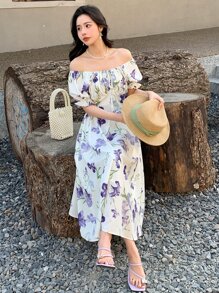 DAZY 印花泡泡袖前繫帶連衣裙 - 彩色 - 查看 7