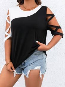 SHEIN LUNE Plus Two Tone Crisscross Cold Shoulder Tee - Multicolor - View 3