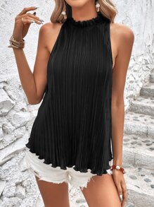 SHEIN Privé 褶邊後鎖孔上衣 - 黑色 - 查看 1