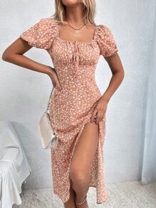 Chiquease Square Neck Short Puff Sleeve Fitted Ditsy Floral Tie Waist Midi Dress - Multicolor - View 1