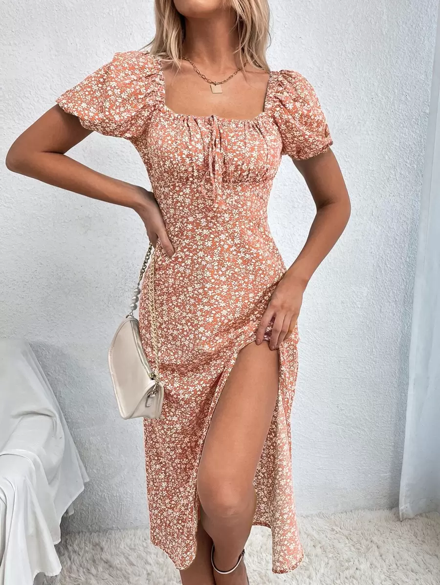 Chiquease Square Neck Short Puff Sleeve Fitted Ditsy Floral Tie Waist Midi Dress - Multicolor - View 1