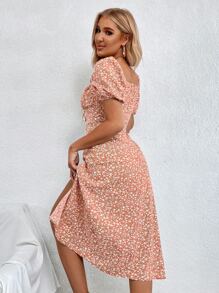 Chiquease Square Neck Short Puff Sleeve Fitted Ditsy Floral Tie Waist Midi Dress - Multicolor - View 2