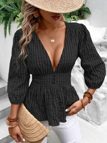 SHEIN Privé Plunging Neck Lantern Sleeve Peplum Blouse - Black - View 5