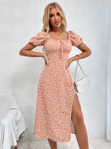 Chiquease Square Neck Short Puff Sleeve Fitted Ditsy Floral Tie Waist Midi Dress - Multicolor - View 4