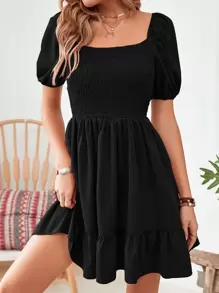 Breezaya Square Neck Puff Sleeve Ruffle Hem Klänning Vacation Beach Outfits Kvinnor - Svart - Visa 1