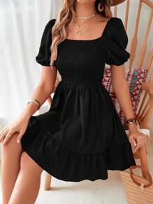 Breezaya Square Neck Puff Sleeve Ruffle Hem Klänning Vacation Beach Outfits Kvinnor - Svart - Visa 3