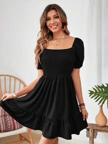 Breezaya Square Neck Puff Sleeve Ruffle Hem Klänning Vacation Beach Outfits Kvinnor - Svart - Visa 4