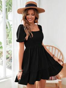 Breezaya Square Neck Puff Sleeve Ruffle Hem Klänning Vacation Beach Outfits Kvinnor - Svart - Visa 5