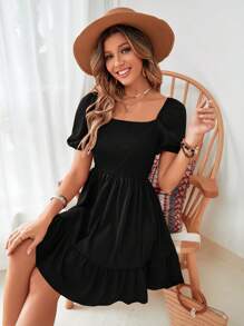 Breezaya Square Neck Puff Sleeve Ruffle Hem Klänning Vacation Beach Outfits Kvinnor - Svart - Visa 7