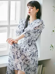 DAZY 滿版印花繫腰帶連衣裙 - 藍色 - 查看 1