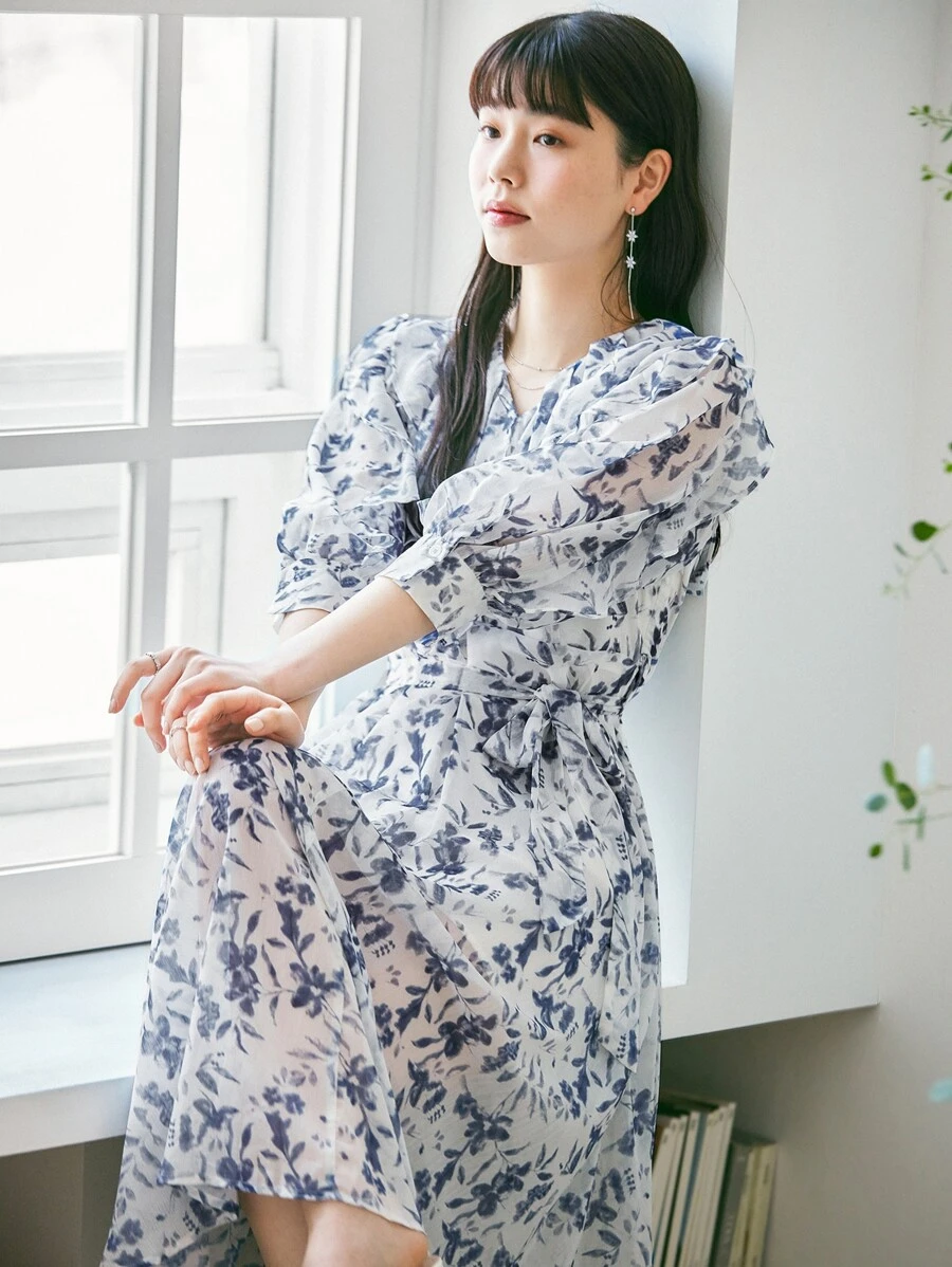 DAZY 滿版印花繫腰帶連衣裙 - 藍色 - 查看 1