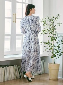 DAZY 滿版印花繫腰帶連衣裙 - 藍色 - 查看 2