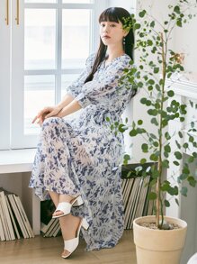 DAZY 滿版印花繫腰帶連衣裙 - 藍色 - 查看 5