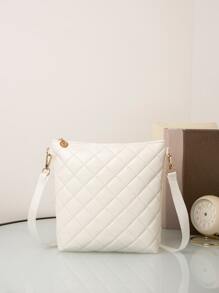 迷你方包極簡風格幾何格紋衍縫拉鍊PU皮革 - 白色 - 查看 1