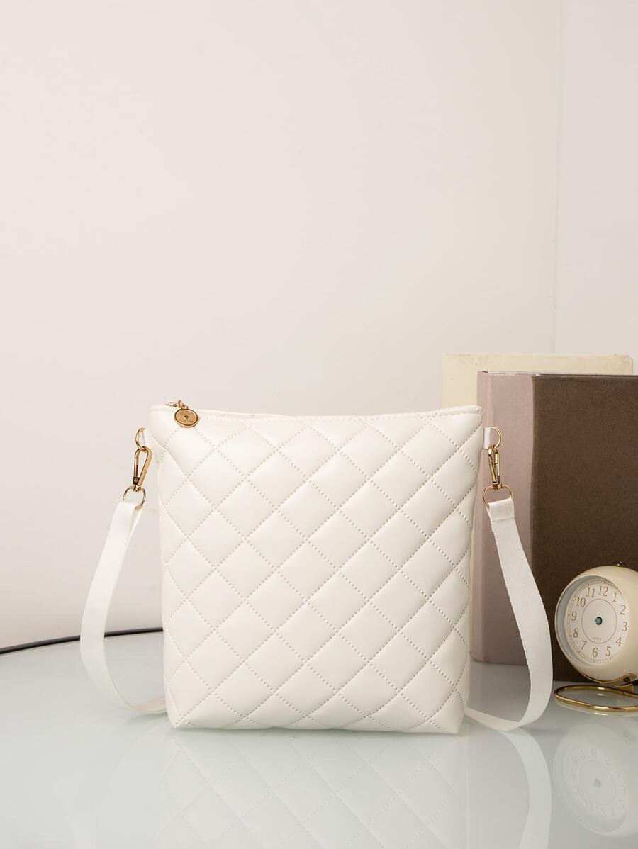 迷你方包極簡風格幾何格紋衍縫拉鍊PU皮革 - 白色 - 查看 1