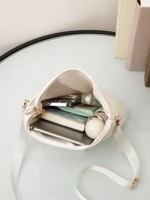 迷你方包極簡風格幾何格紋衍縫拉鍊PU皮革 - 白色 - 查看 4