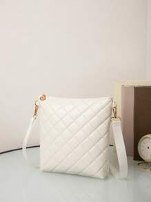 迷你方包極簡風格幾何格紋衍縫拉鍊PU皮革 - 白色 - 查看 6