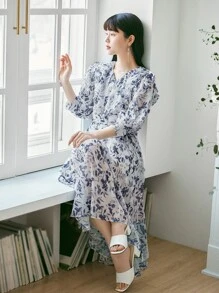 DAZY 滿版印花繫腰帶連衣裙 - 藍色 - 查看 7