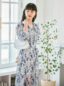 DAZY 滿版印花繫腰帶連衣裙 - 藍色 - 查看 8