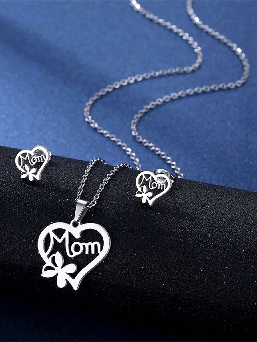 3 Cái/bộ Thép Không Gỉ Thời Trang Chữ Chi Tiết Trang Trí Trái Tim Bộ Trang Sức Nữ Cho Ngày Của Mẹ Tặng - Bạc - Xem 1