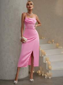 GENKIRA 素色褶邊高衩吊帶洋裝 - 粉色 - 查看 4