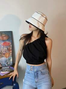 DAZY Solid One Shoulder Knot Detail Crop Blouse Going Out Tops - Black - View 5