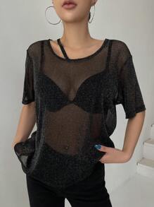 DAZY 鏤空落肩袖網紗上衣不附胸罩 - 黑色 - 查看 1
