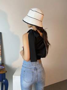 DAZY Solid One Shoulder Knot Detail Crop Blouse Going Out Tops - Black - View 3