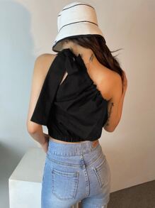 DAZY Solid One Shoulder Knot Detail Crop Blouse Going Out Tops - Black - View 2
