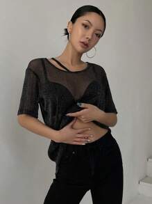 DAZY 鏤空落肩袖網紗上衣不附胸罩 - 黑色 - 查看 4