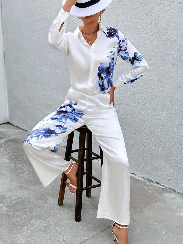 SHEIN Clasi con estampado floral Camisa & Pantalones de pierna ancha - Azul y blanco - Añade 1