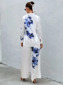 SHEIN Clasi 印花襯衫和闊腿褲 - 藍白色 - 查看 2