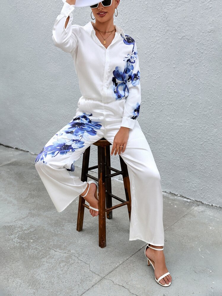 SHEIN Clasi con estampado floral Camisa & Pantalones de pierna ancha - Azul y blanco - Añade 3