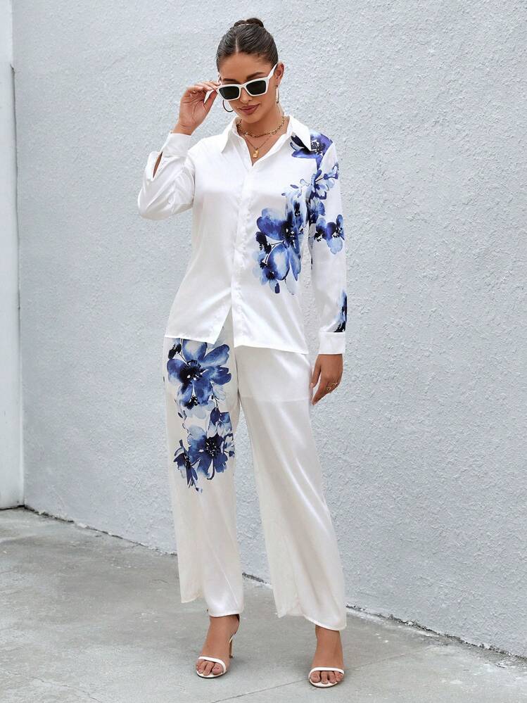 SHEIN Clasi con estampado floral Camisa & Pantalones de pierna ancha - Azul y blanco - Añade 5