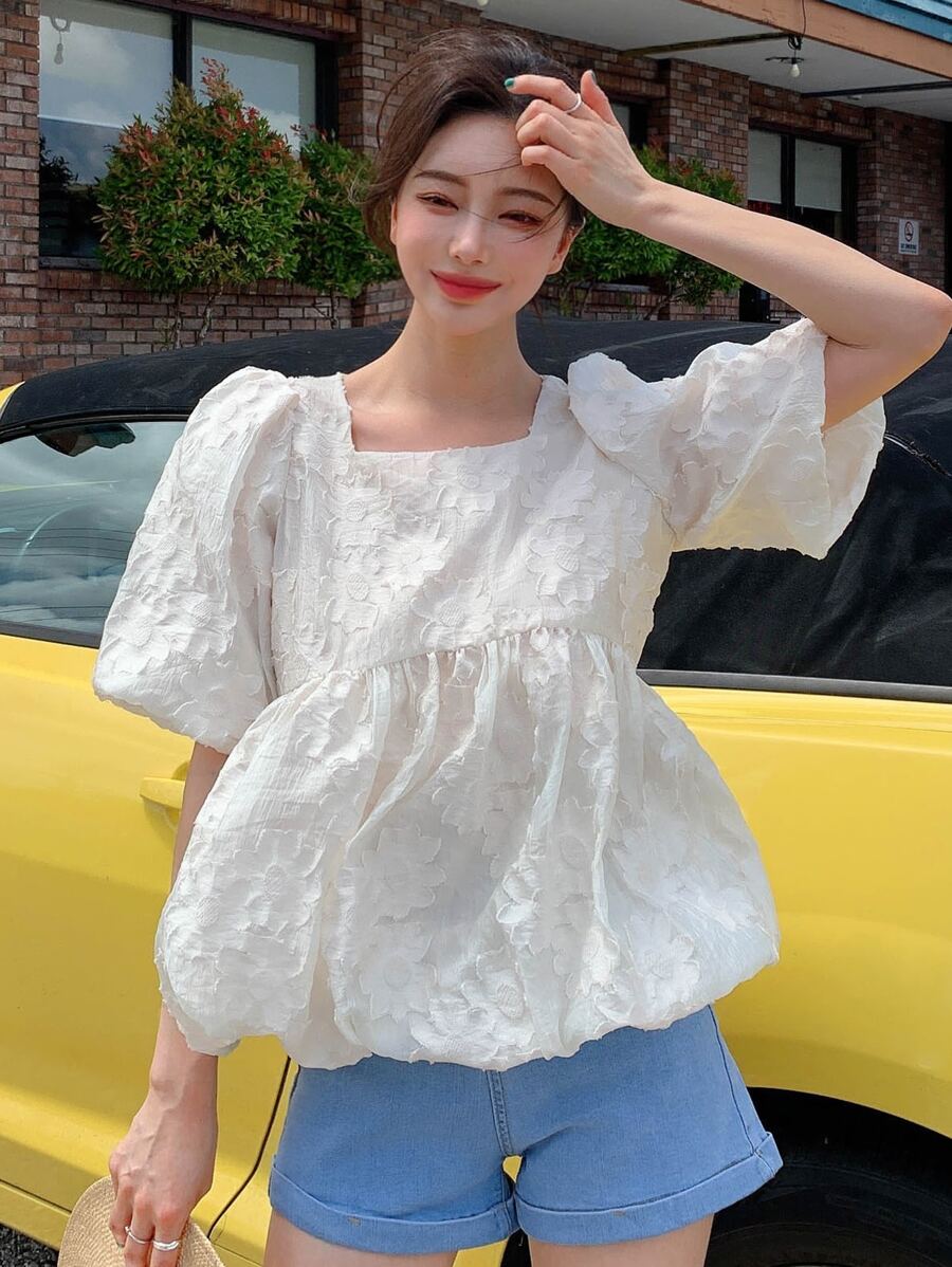 DAZY Áo sơ mi nữ Viên lá sen Dây kéo màu trơn Dễ thương - Màu be - Xem 1