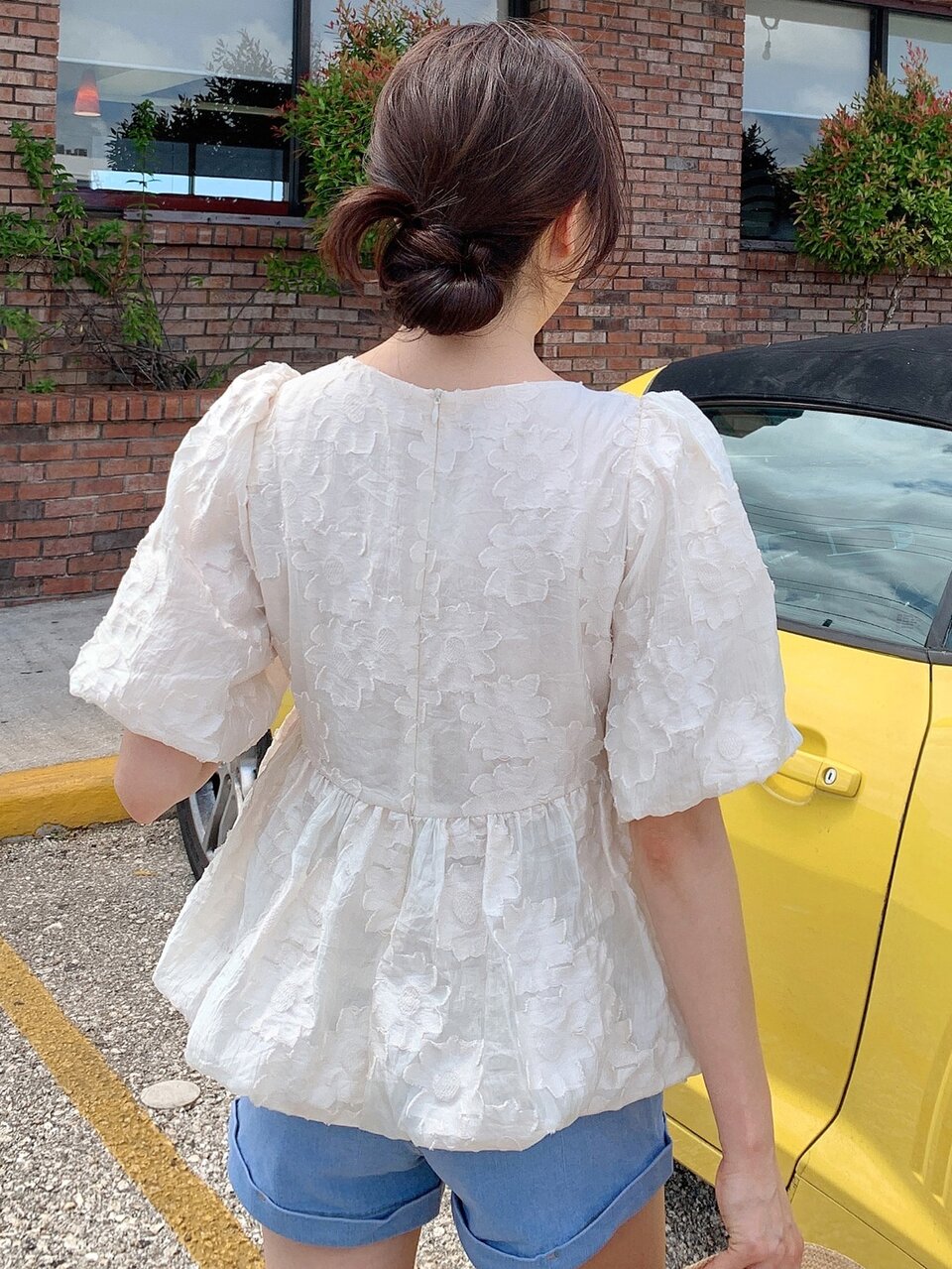 Solid Square Neck Puff Sleeve Peplum Blouse