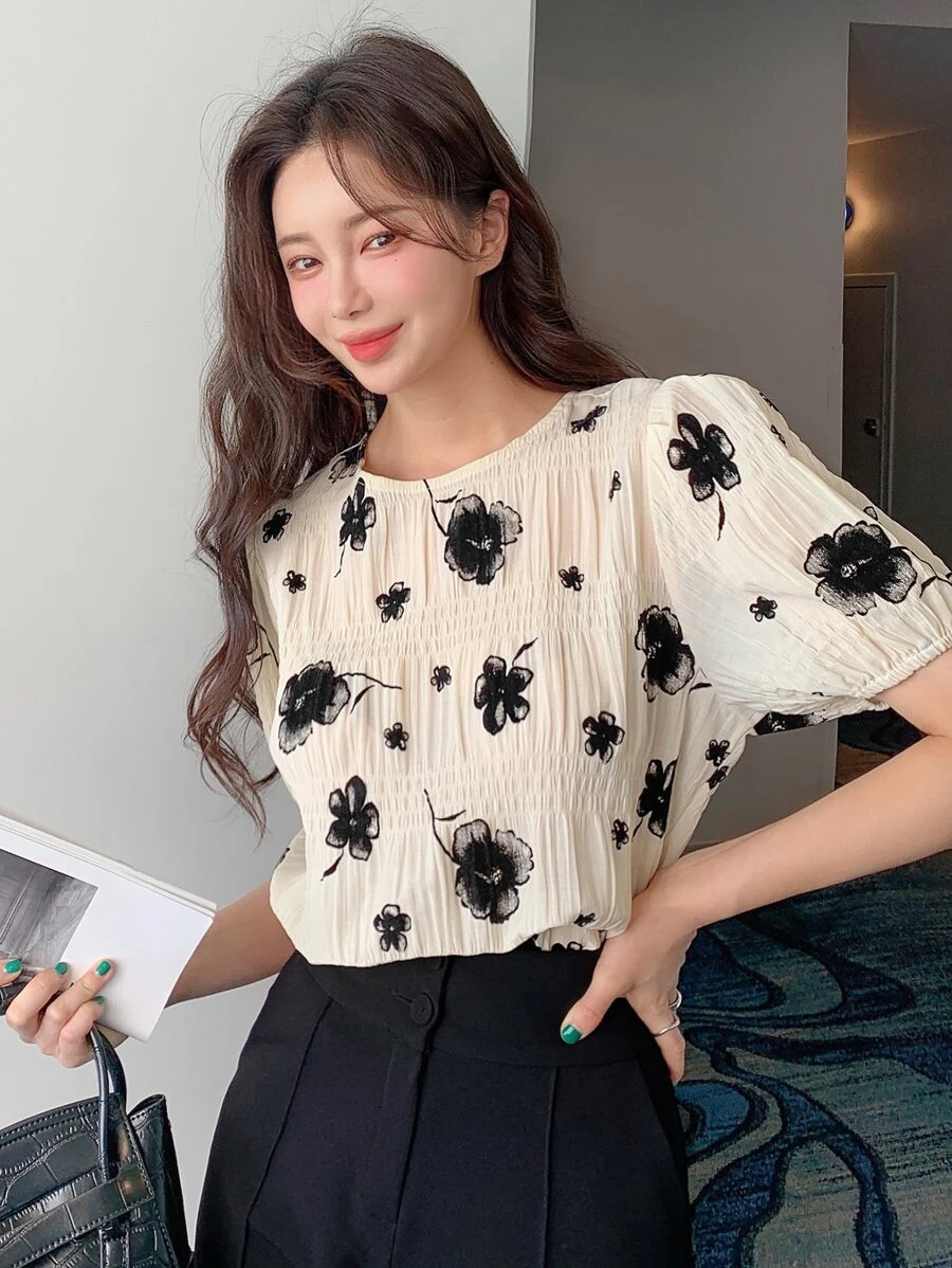 DAZY Floral Print Puff Sleeve Blouse - Apricot - View 1