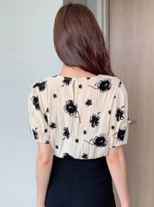 DAZY Floral Print Puff Sleeve Blouse - Apricot - View 2