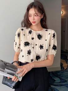 DAZY Floral Print Puff Sleeve Blouse - Apricot - View 3