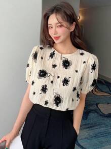 DAZY Floral Print Puff Sleeve Blouse - Apricot - View 5