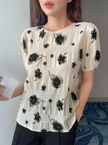 DAZY Floral Print Puff Sleeve Blouse - Apricot - View 7