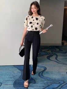 DAZY Floral Print Puff Sleeve Blouse - Apricot - View 9