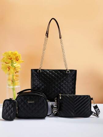 4pcs Women's Handbag Set, Rhombus Quilted Tote Bag + Crossbody Bag, Scarf Decor, Fashion, Versatile, Large Capacity, Practical