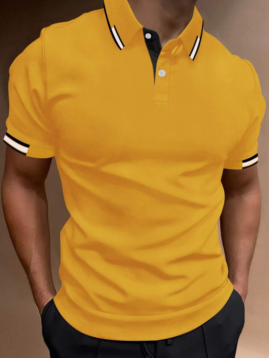 Manfinity Homme Áo thun có cổ Nam Nút phía trước Tương phản ràng buộc màu trơn Giải trí - Màu vàng - Xem 1