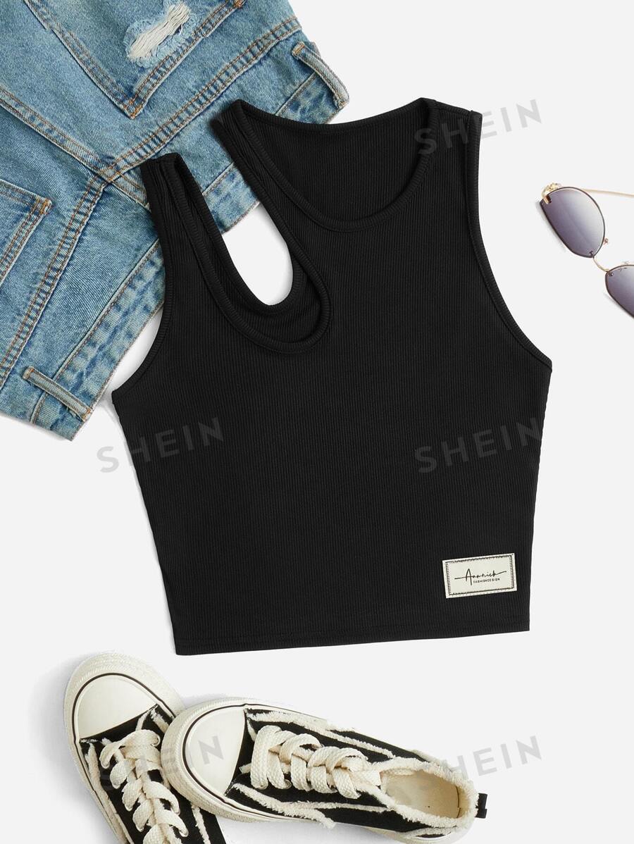 Mulvari Top tank con diseño de parche de letra con abertura - Negro - Ver 1