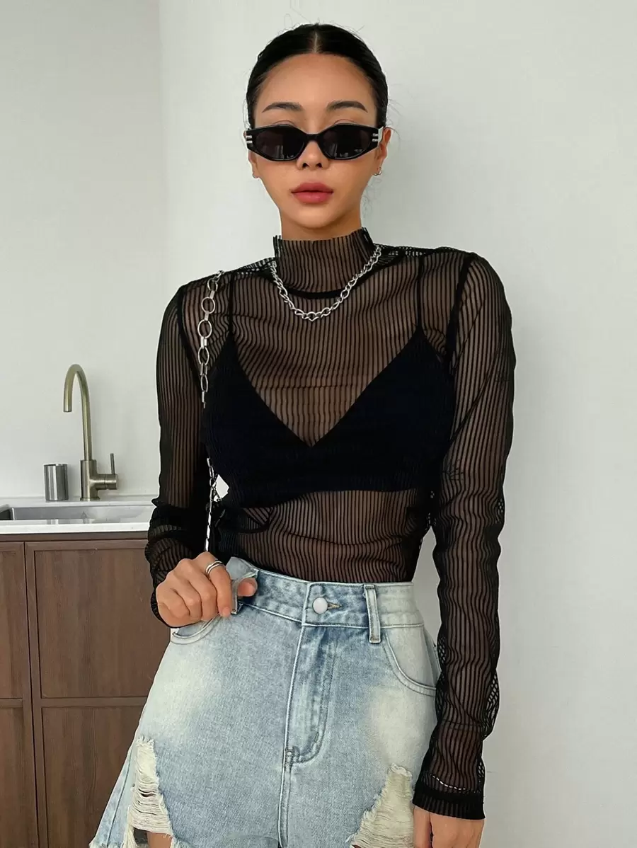 DAZY Mock Neck Sheer Mesh Top Without Bra - Black - View 1